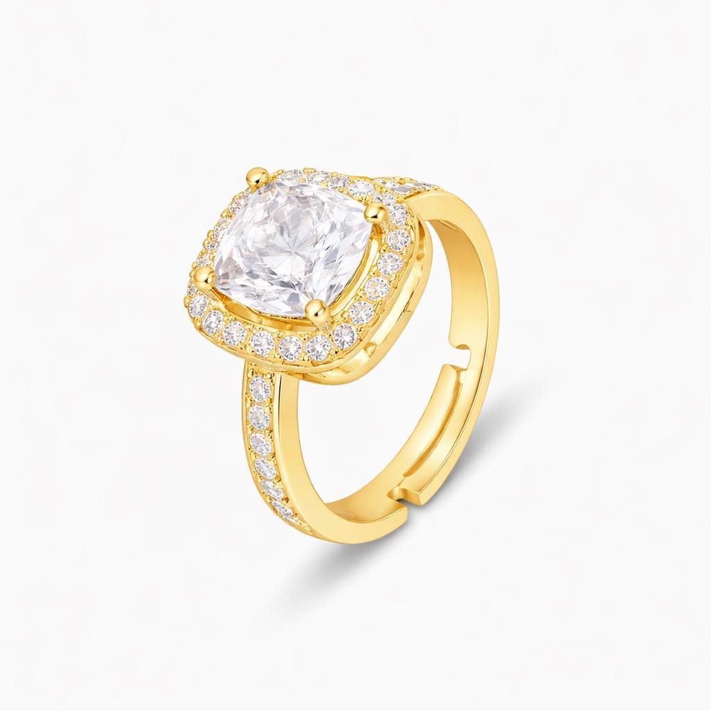 Golden Classic Solitaire Ring – 925 Sterling Silver Gold Plated Halo Engagement Ring, Oval Cut CZ Diamond, Bridal Promise Ring, Gift for Her