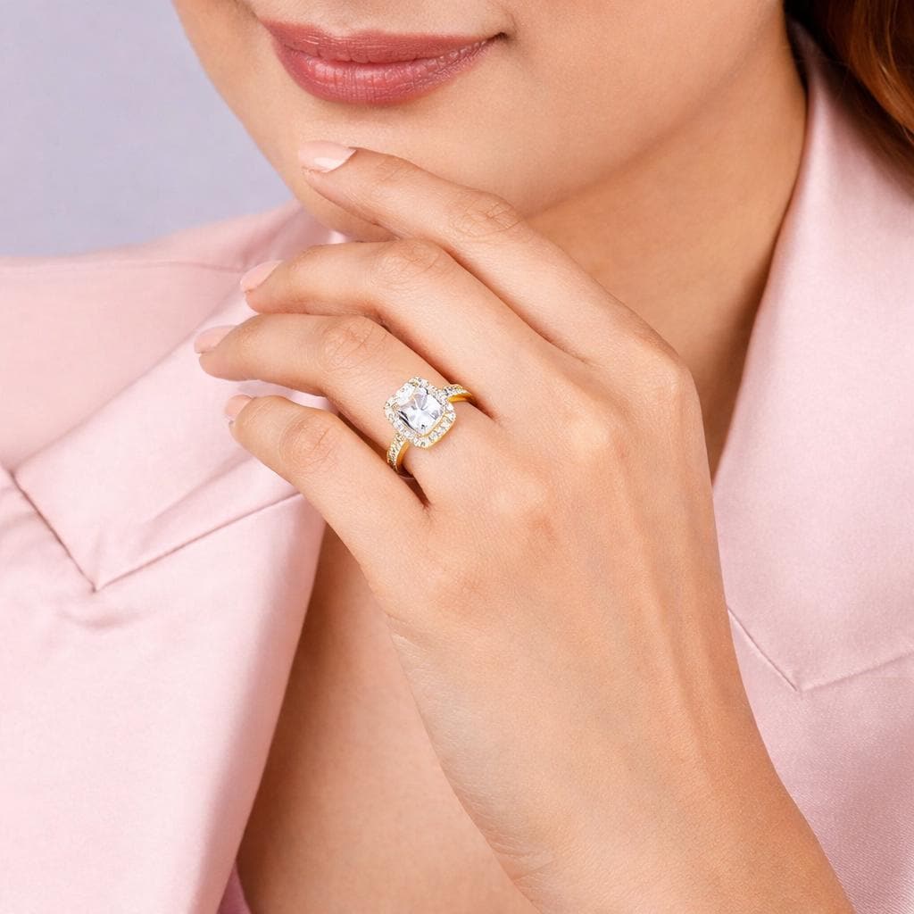 Golden Classic Solitaire Ring – 925 Sterling Silver Gold Plated Halo Engagement Ring, Oval Cut CZ Diamond, Bridal Promise Ring, Gift for Her