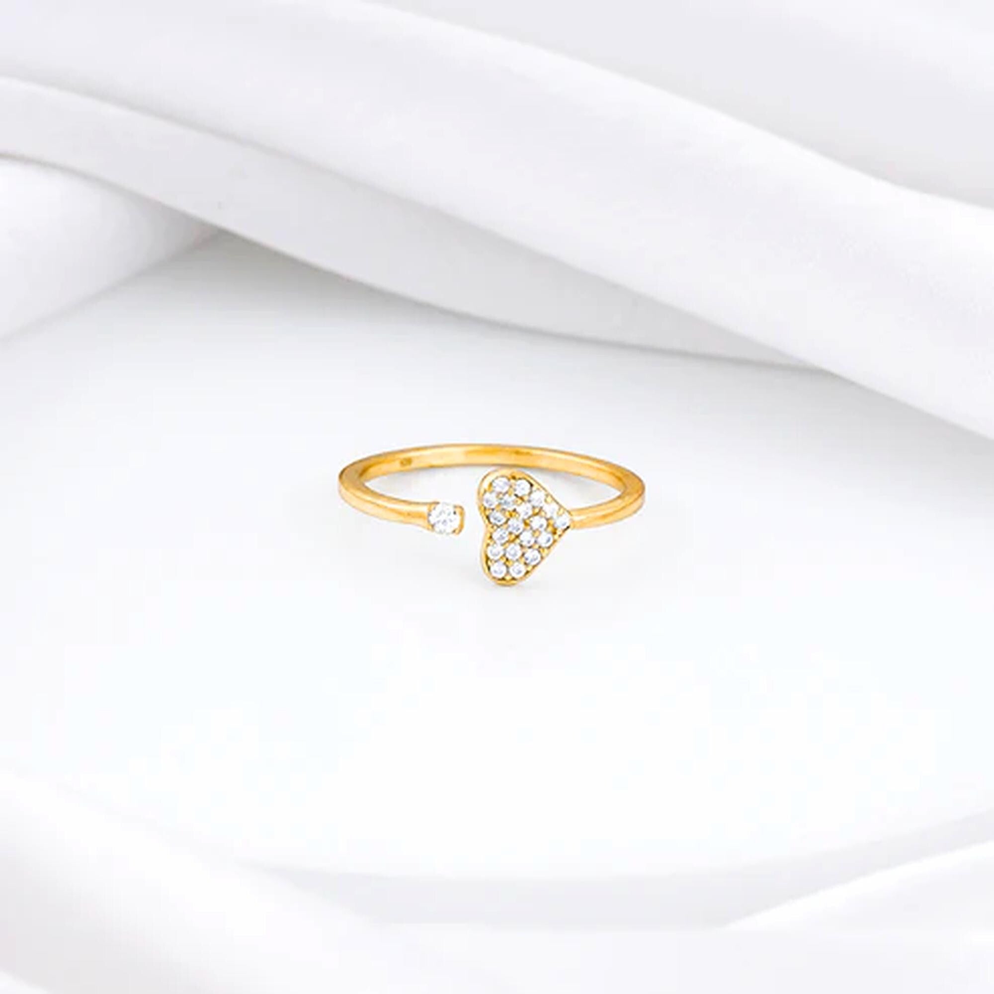 Gold Heart Ring, 925 Sterling Silver Adjustable Zircon Ring
