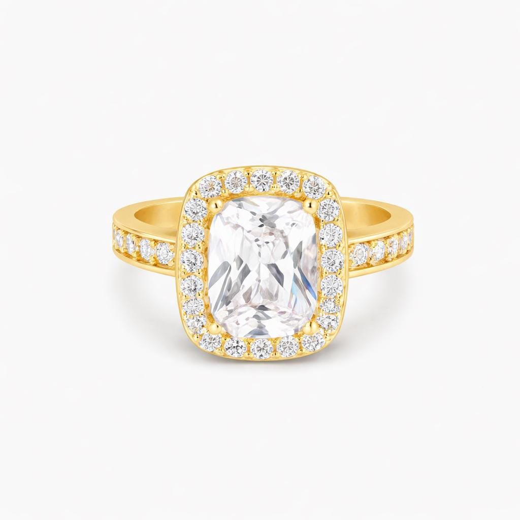 Golden Classic Solitaire Ring – 925 Sterling Silver Gold Plated Halo Engagement Ring, Oval Cut CZ Diamond, Bridal Promise Ring, Gift for Her