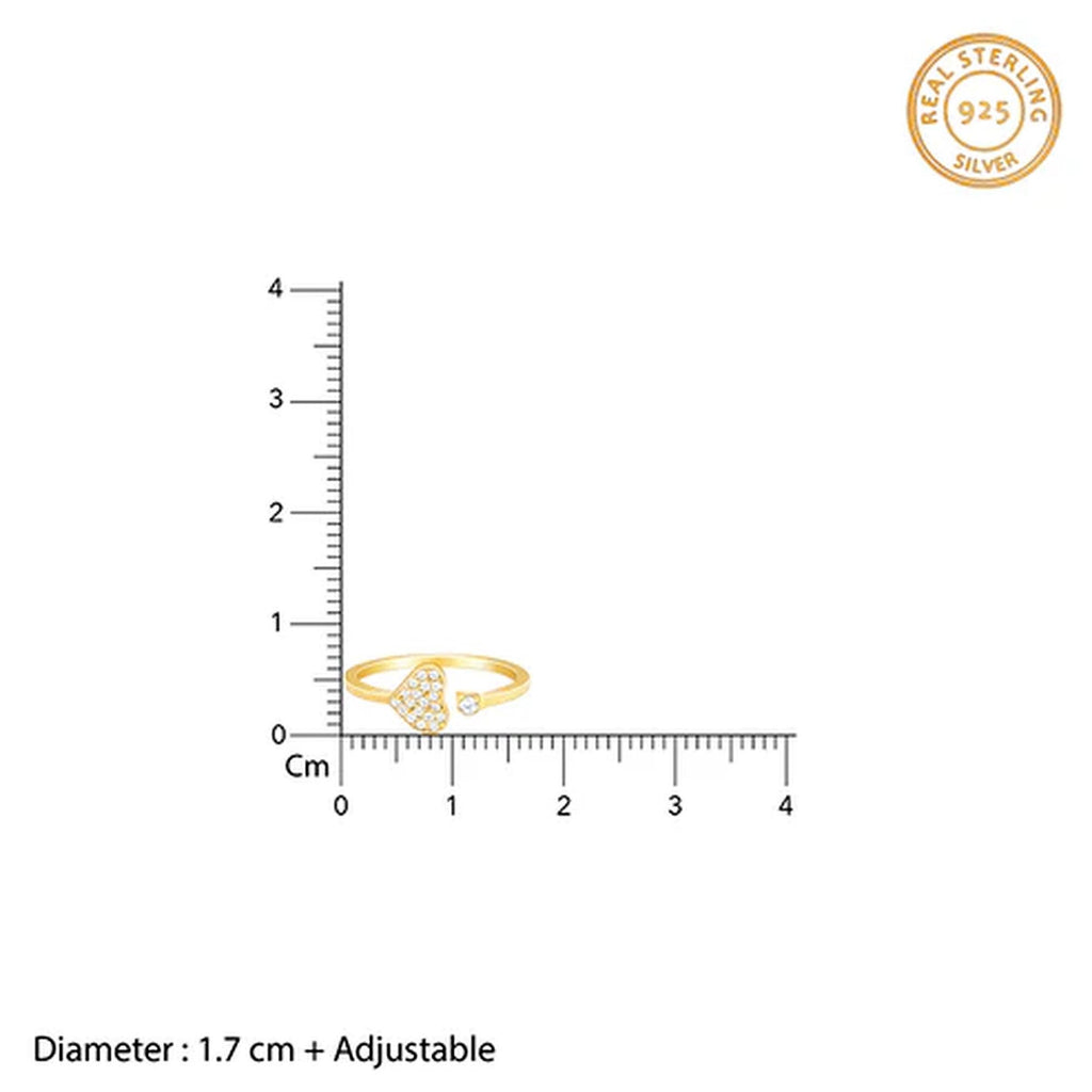 Gold Heart Ring, 925 Sterling Silver Adjustable Zircon Ring