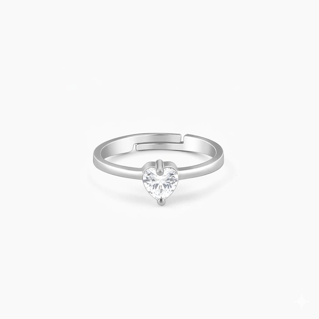 Sterling Silver Heart Zircon Ring, Minimalist Adjustable Promise Band