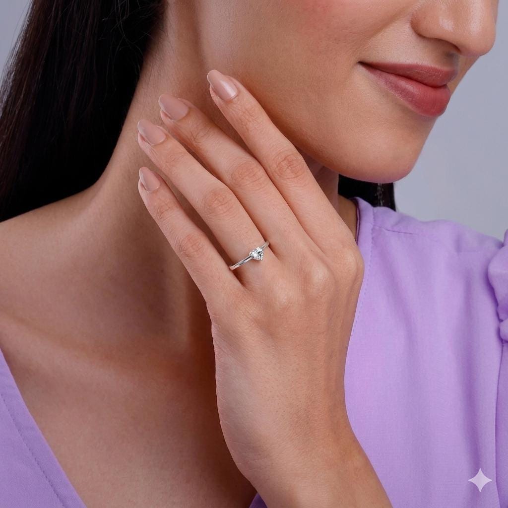 Sterling Silver Heart Zircon Ring, Minimalist Adjustable Promise Band