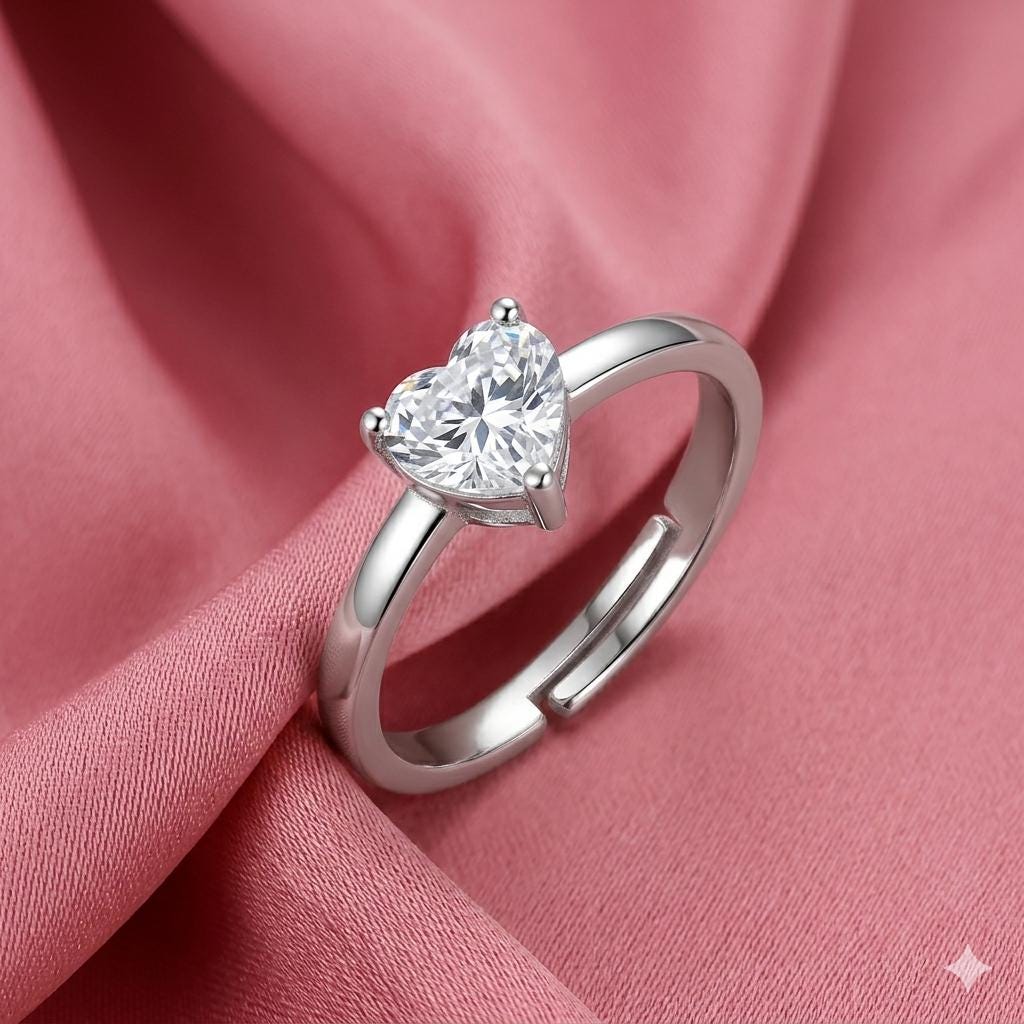 Sterling Silver Heart Zircon Ring, Minimalist Adjustable Promise Band