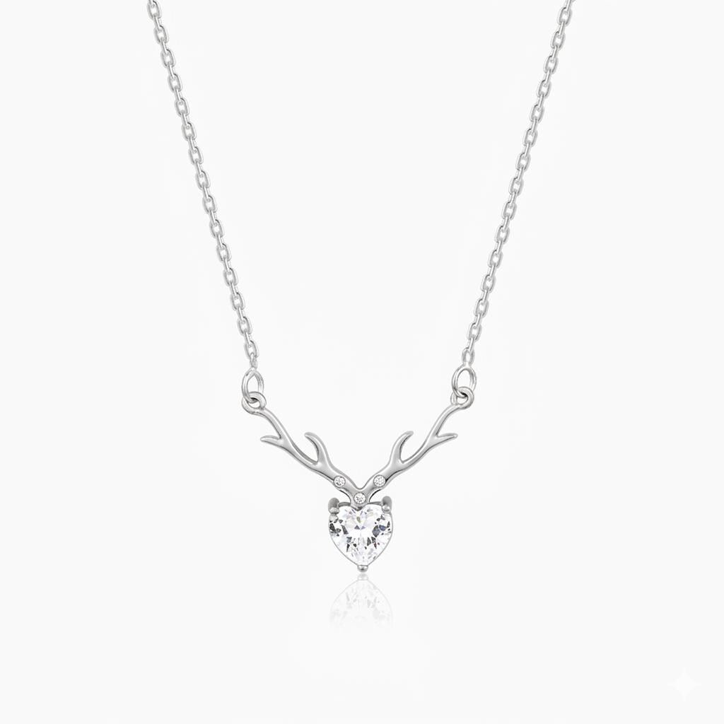 Sterling Silver Deer Antler Heart Necklace, Zircon Crystal Pendant, Romantic Jewelry