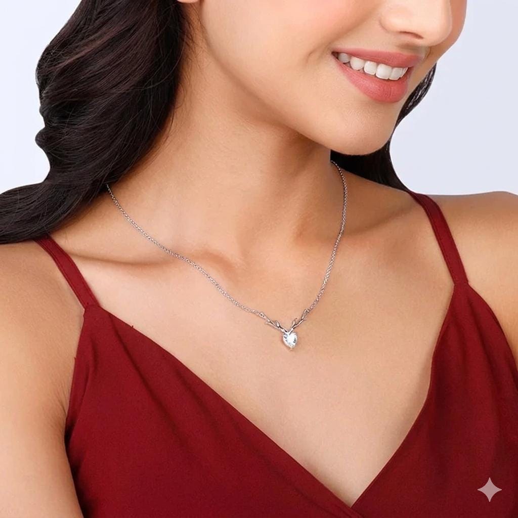 Sterling Silver Deer Antler Heart Necklace, Zircon Crystal Pendant, Romantic Jewelry