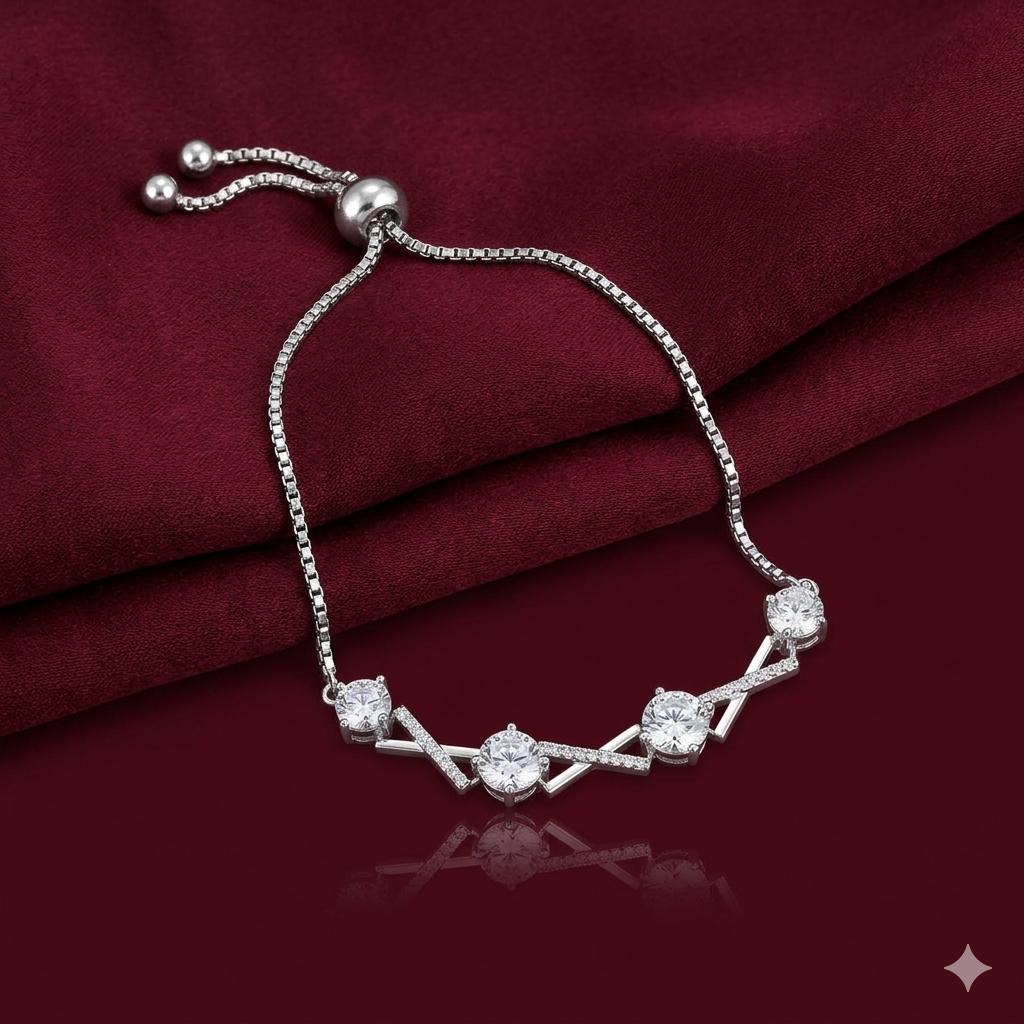 925 Sterling Silver Geometric Zircon Bracelet, Minimalist Dainty Chain Adjustable for Women