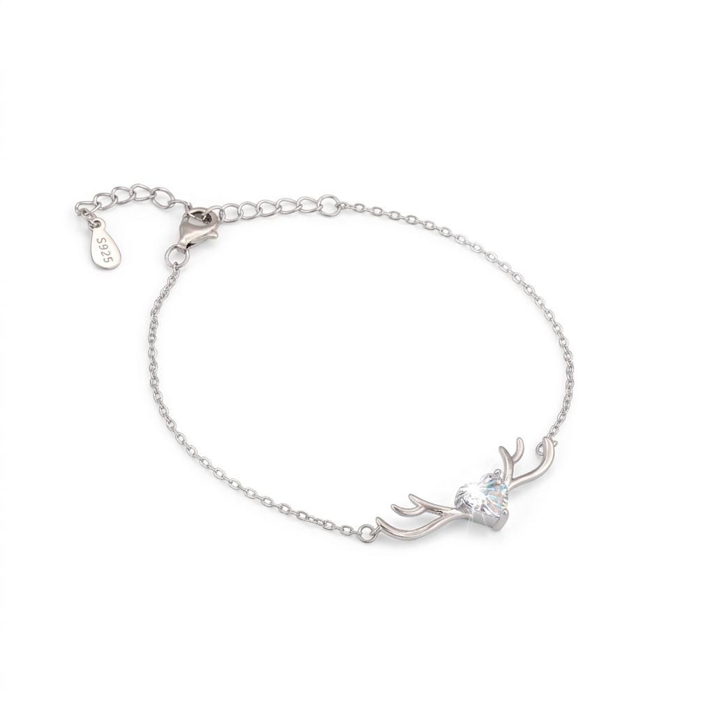 Sterling Silver Heart Antler Bracelet, Dainty Animal Lover Jewelry