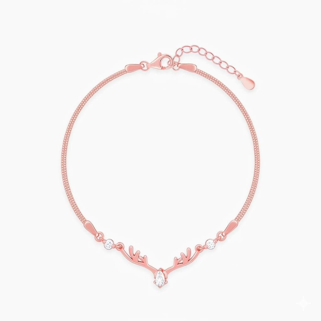 Rose Gold Deer Antler CZ Bracelet, 925 Sterling Silver Nature Jewelry