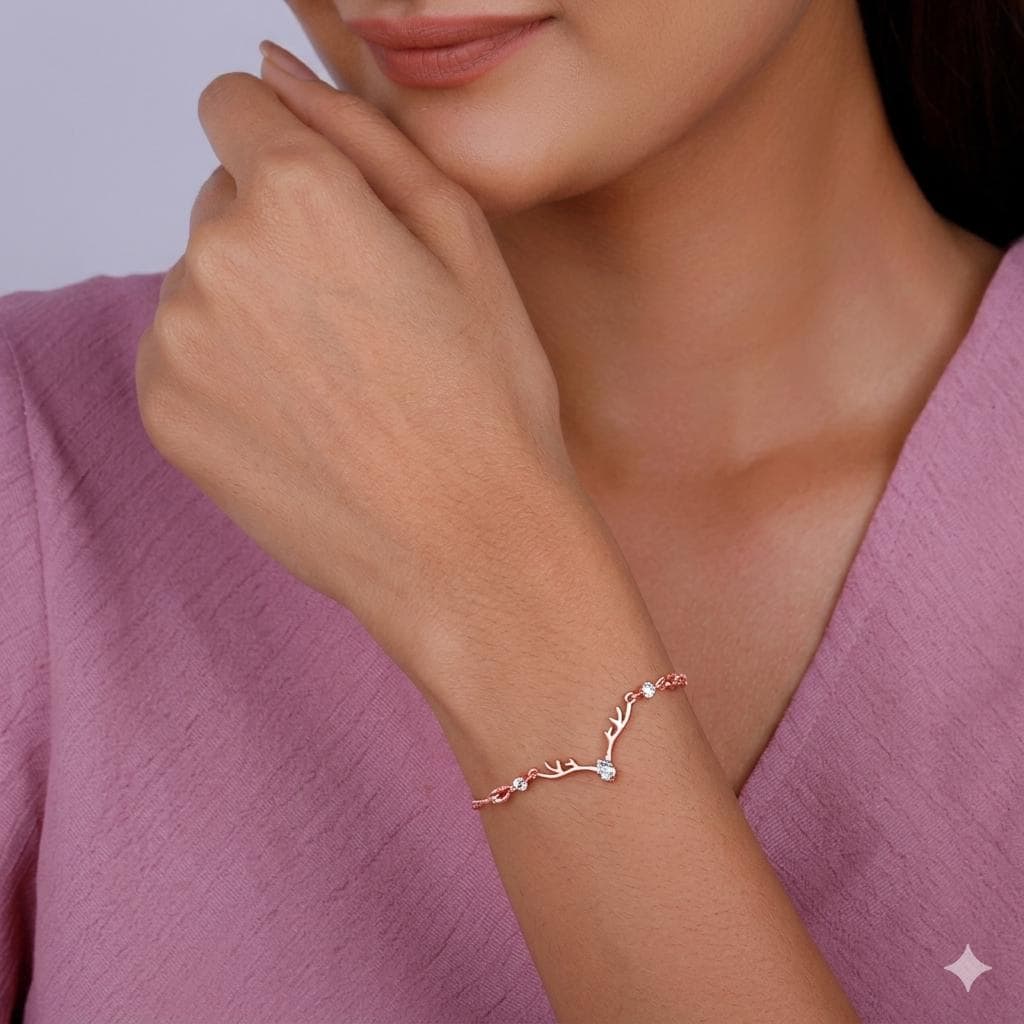 Rose Gold Deer Antler CZ Bracelet, 925 Sterling Silver Nature Jewelry