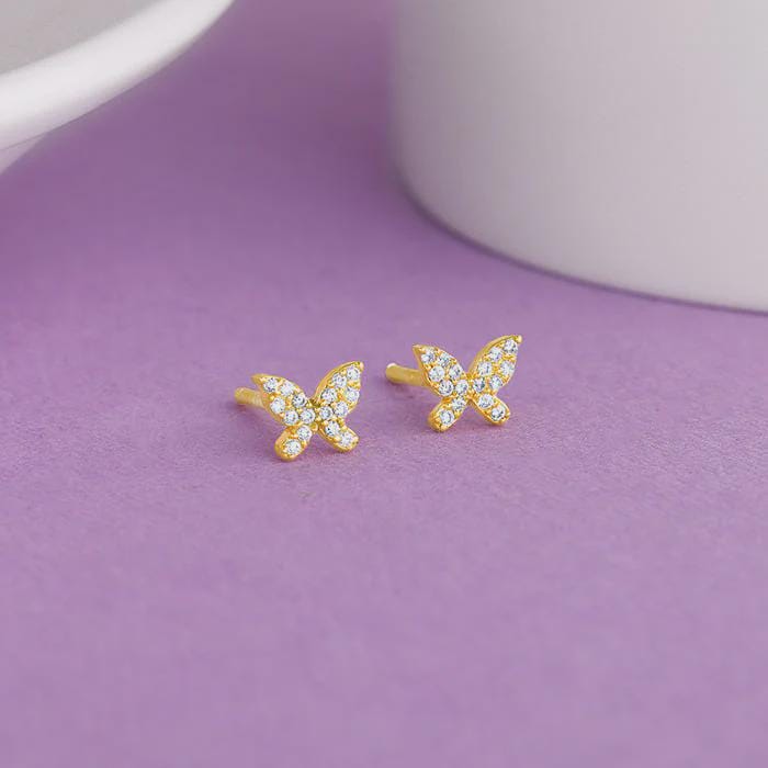 Gold Butterfly Stud Earrings, 925 Sterling Silver, Zircon Accents, Dainty Minimalist Jewelry