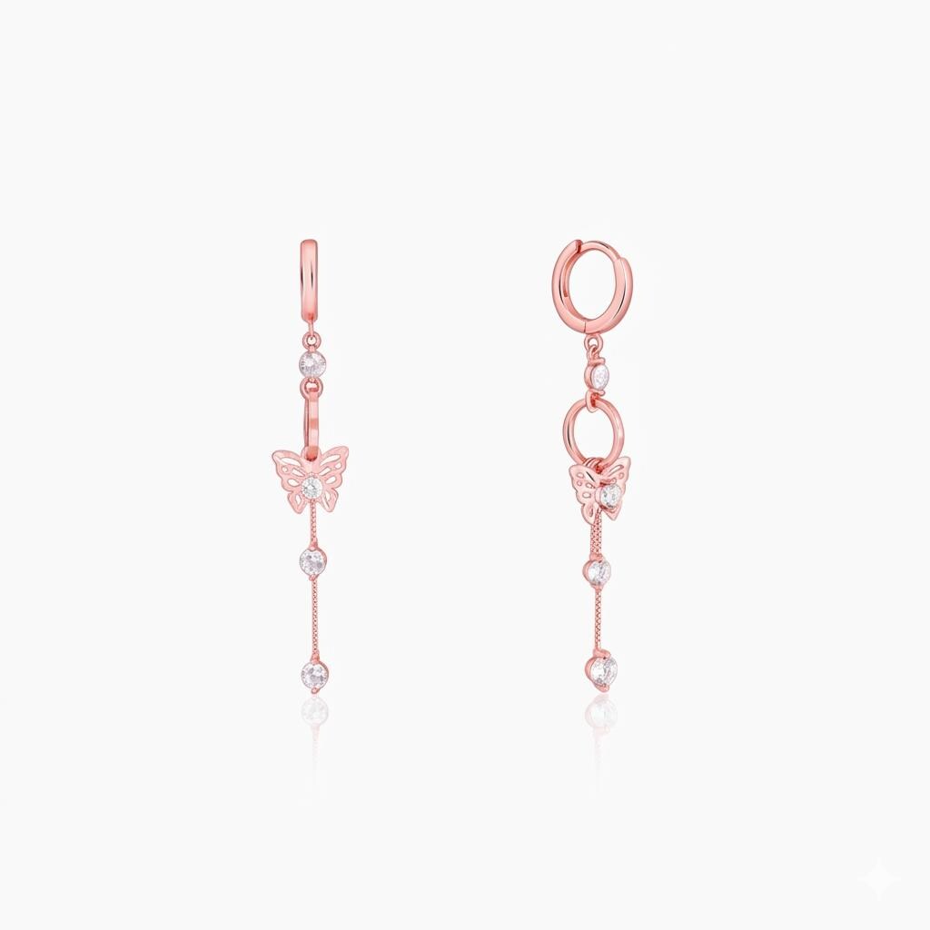 Rose Gold Butterfly Drop Earrings, Sterling Silver CZ Dangle, Minimalist Jewelry