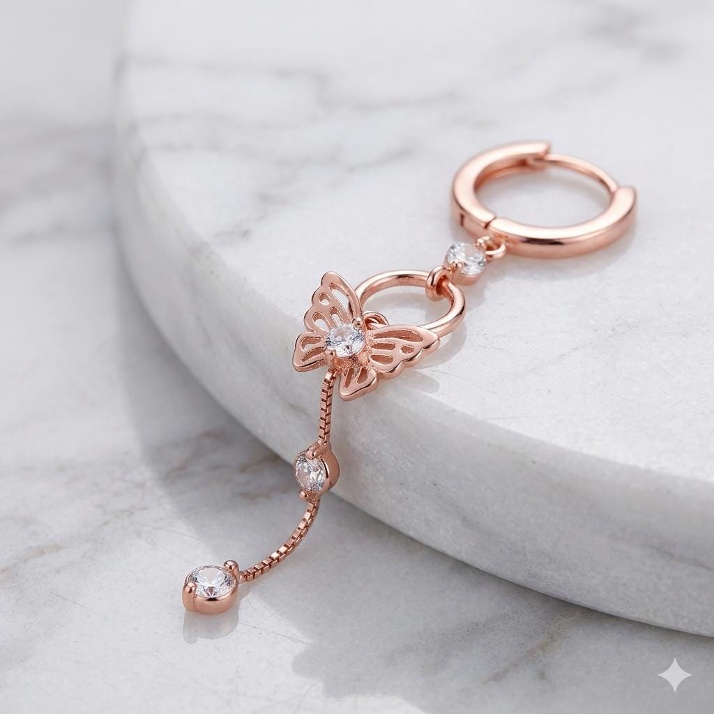 Rose Gold Butterfly Drop Earrings, Sterling Silver CZ Dangle, Minimalist Jewelry