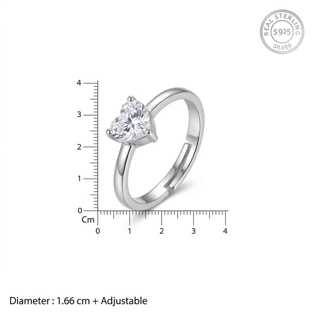 Sterling Silver Heart Zircon Ring, Minimalist Adjustable Promise Band