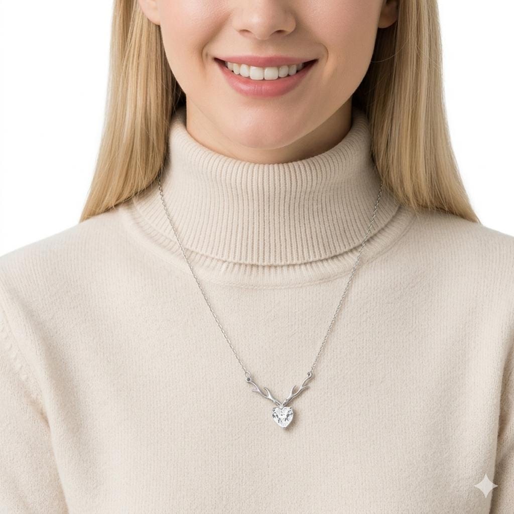 Sterling Silver Deer Antler Heart Necklace, Zircon Crystal Pendant, Romantic Jewelry