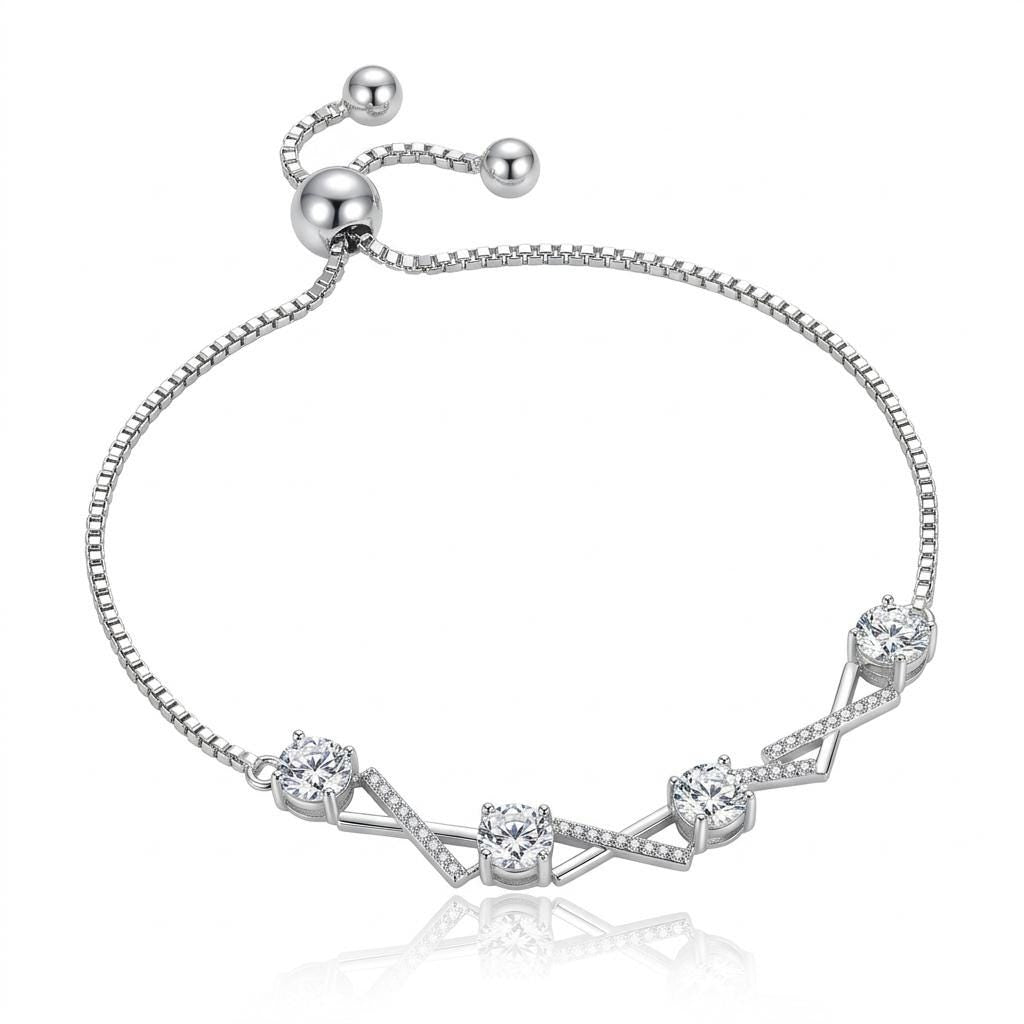 925 Sterling Silver Geometric Zircon Bracelet, Minimalist Dainty Chain Adjustable for Women