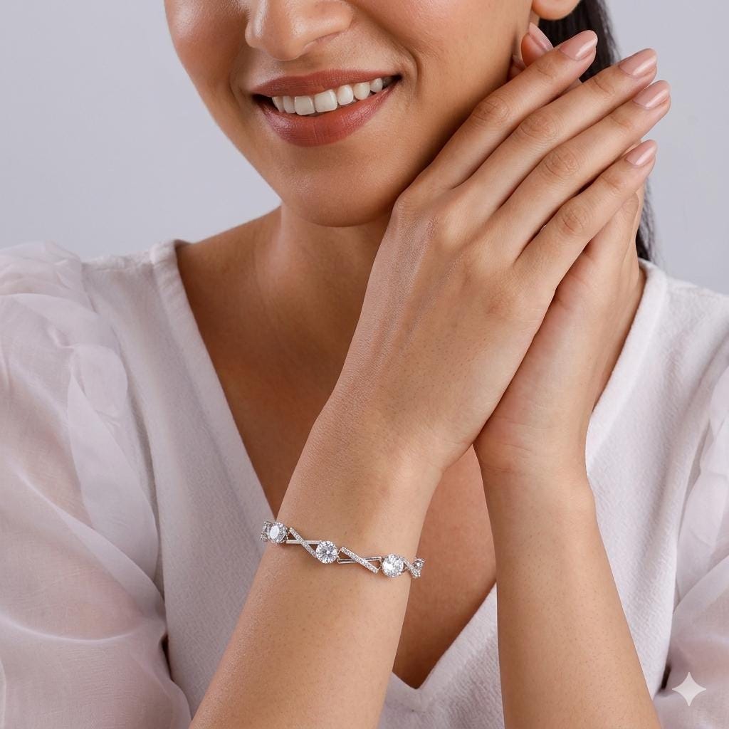 925 Sterling Silver Geometric Zircon Bracelet, Minimalist Dainty Chain Adjustable for Women