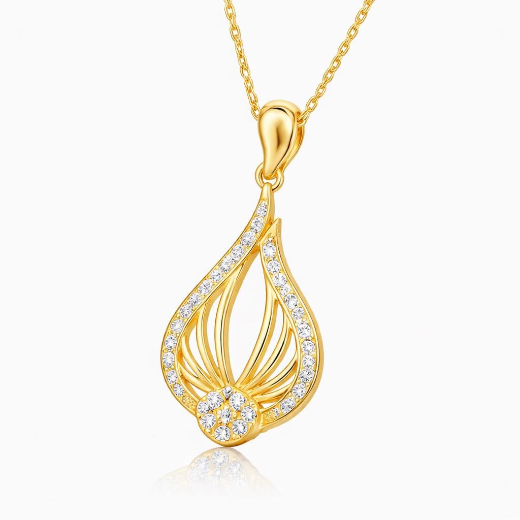 Gold Plated Teardrop Pendant Necklace with Zircons, 925 Sterling Silver Link Chain