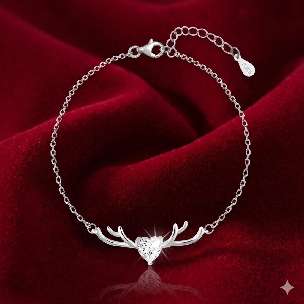 Sterling Silver Heart Antler Bracelet, Dainty Animal Lover Jewelry