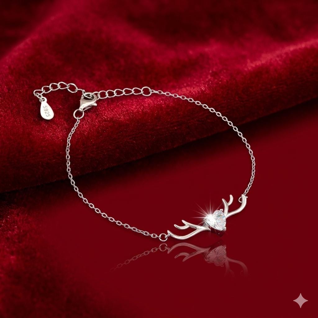 Sterling Silver Heart Antler Bracelet, Dainty Animal Lover Jewelry