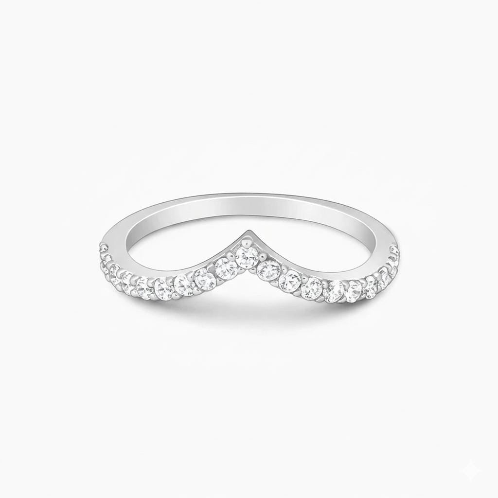Sterling Silver V Shape Chevron Ring, Dainty Stacking CZ Band