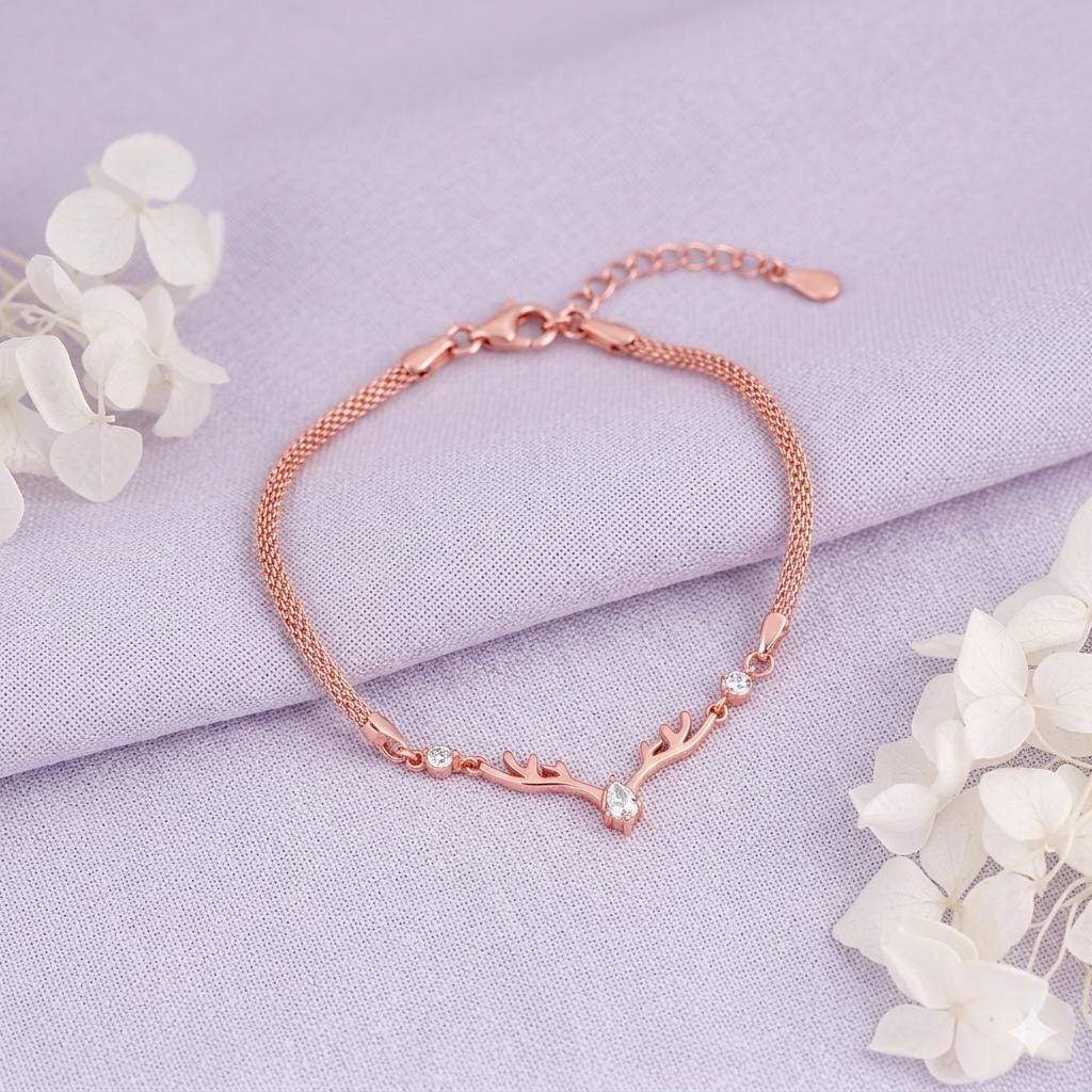 Rose Gold Deer Antler CZ Bracelet, 925 Sterling Silver Nature Jewelry