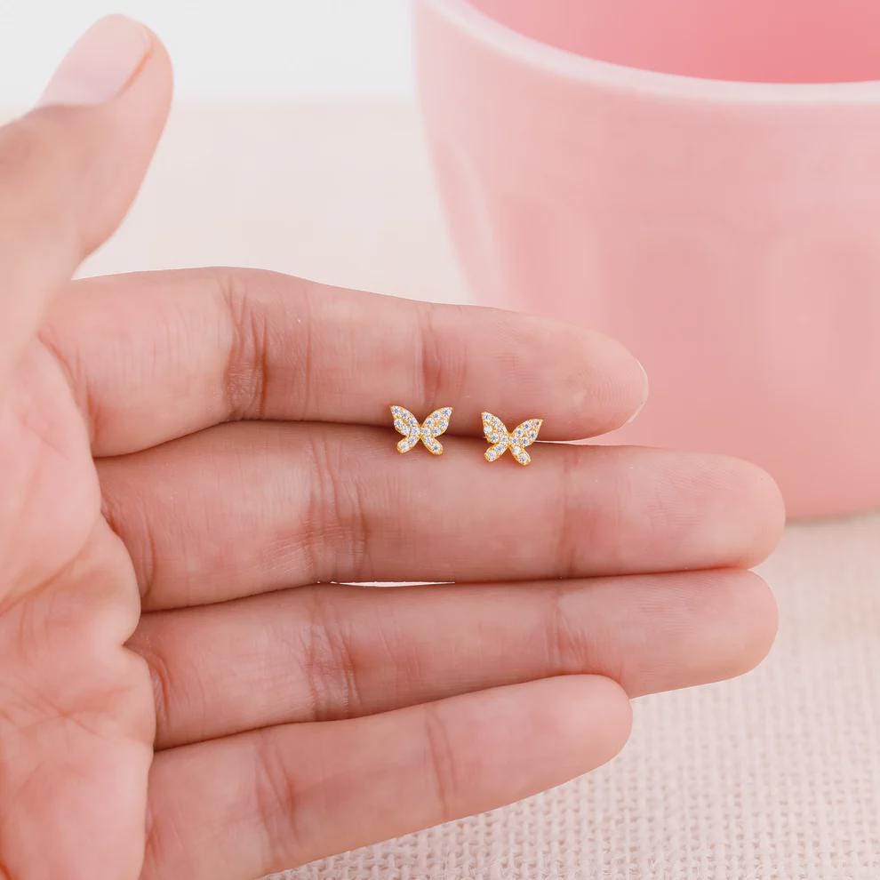 Gold Butterfly Stud Earrings, 925 Sterling Silver, Zircon Accents, Dainty Minimalist Jewelry