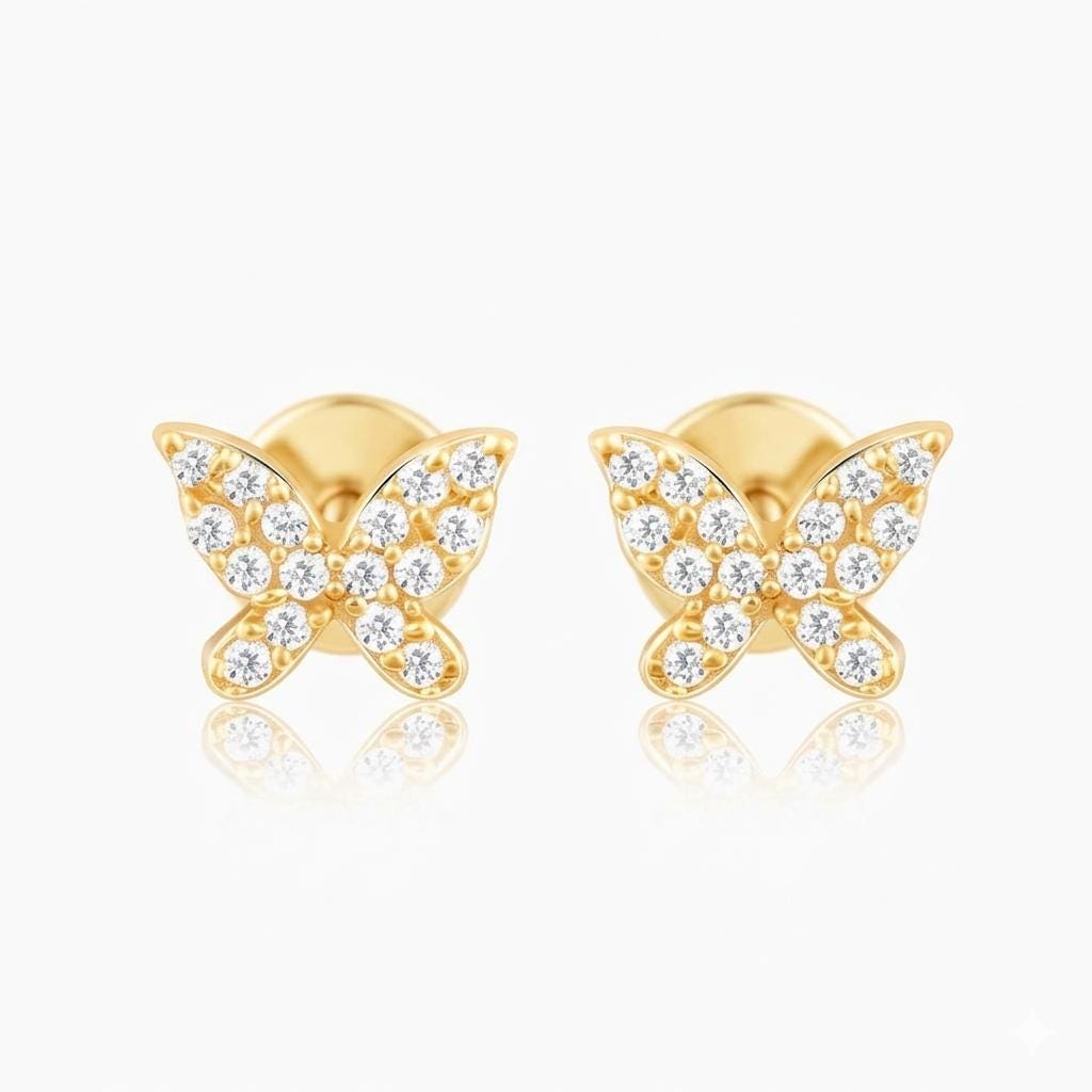 Gold Butterfly Stud Earrings, 925 Sterling Silver, Zircon Accents, Dainty Minimalist Jewelry