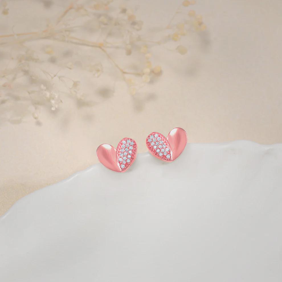 Rose Gold Heart Stud Earrings, CZ Pave, 925 Sterling Silver, Minimalist Everyday Jewelry