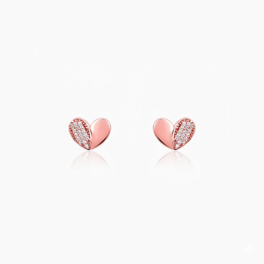 Rose Gold Heart Stud Earrings, CZ Pave, 925 Sterling Silver, Minimalist Everyday Jewelry