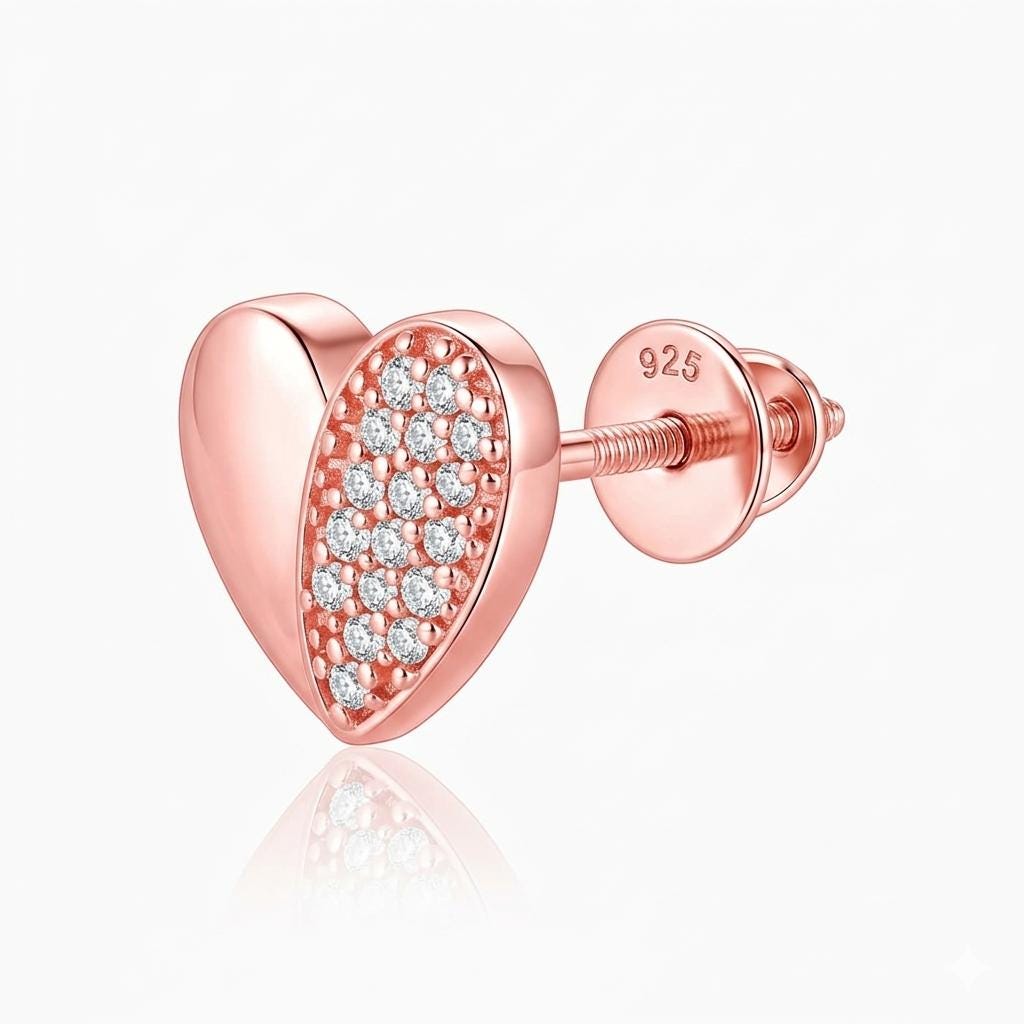 Rose Gold Heart Stud Earrings, CZ Pave, 925 Sterling Silver, Minimalist Everyday Jewelry