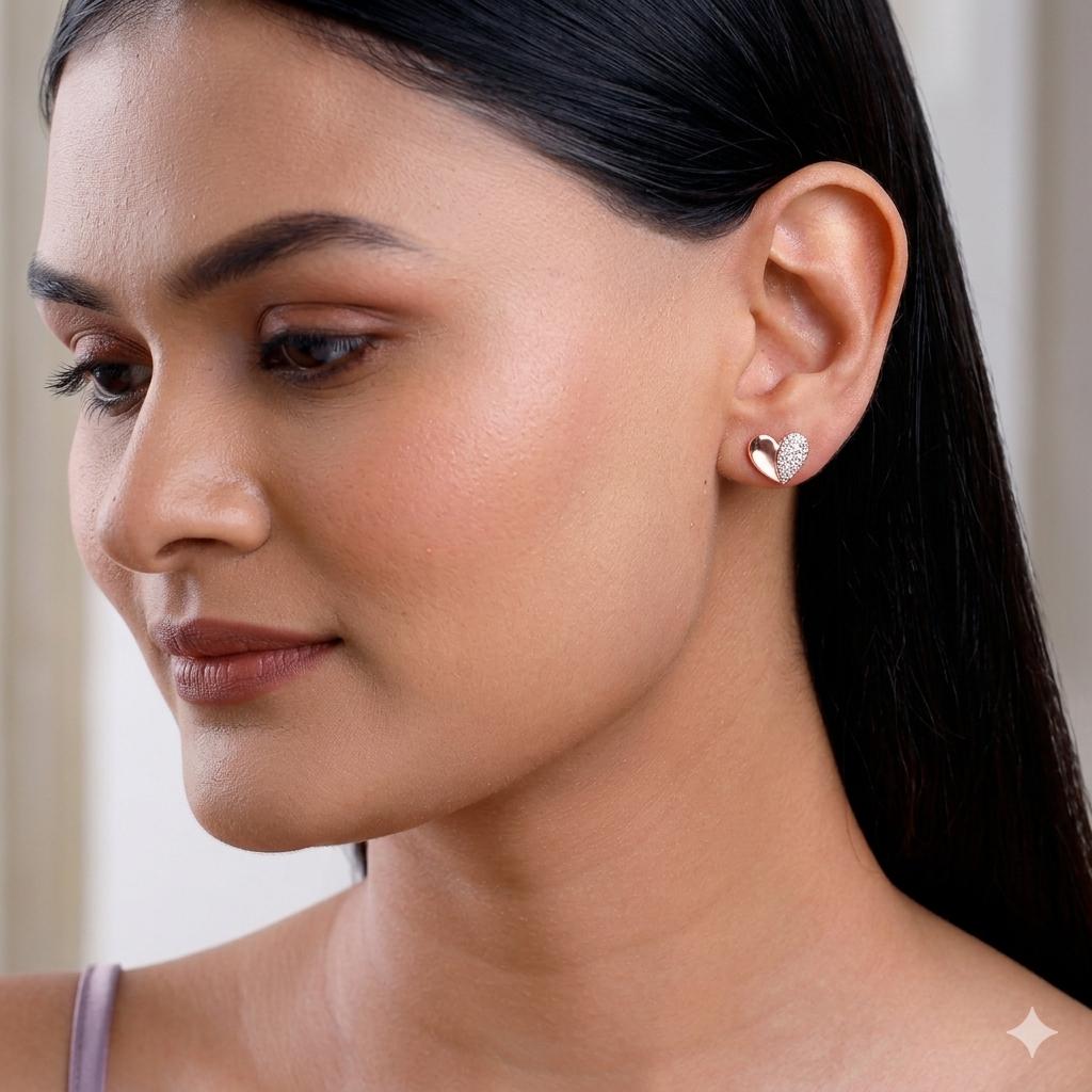 Rose Gold Heart Stud Earrings, CZ Pave, 925 Sterling Silver, Minimalist Everyday Jewelry