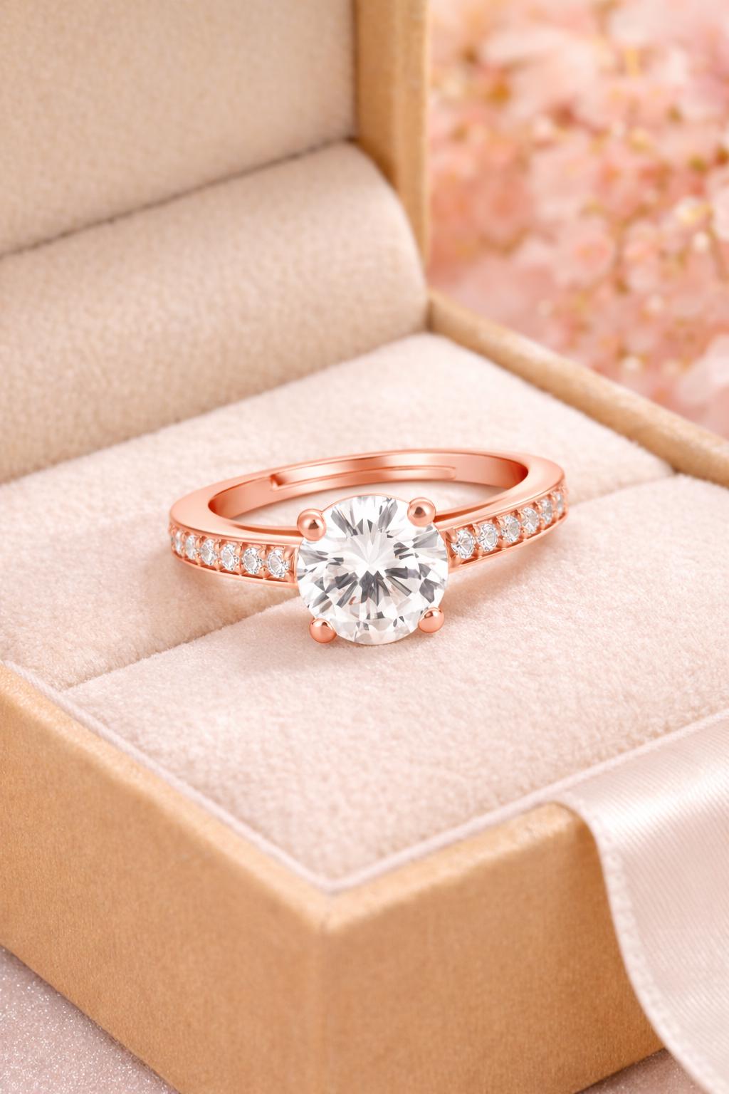 Rose Gold Sterling Silver Zircon Ring, Adjustable Band, Minimalist Promise Ring