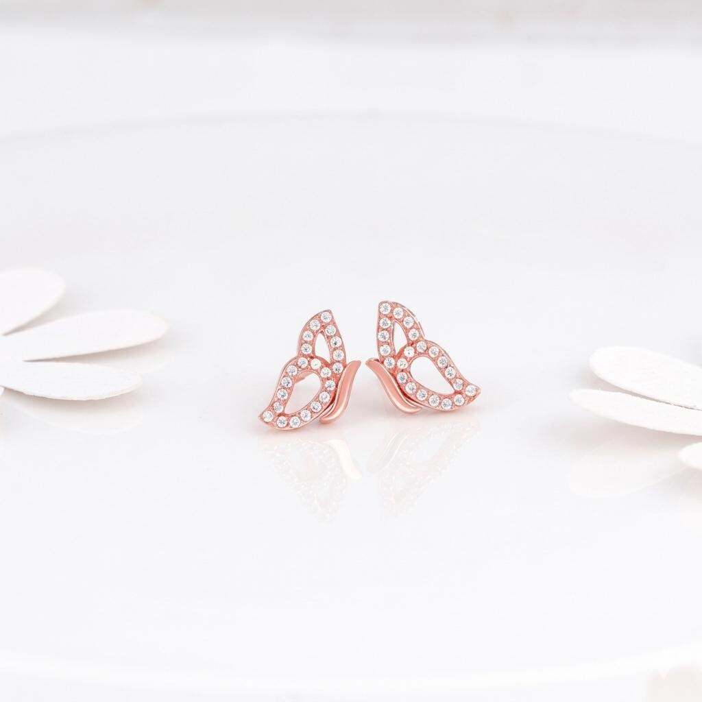 Rose Gold Butterfly Stud Earrings, Sterling Silver CZ, Dainty Nature Jewelry