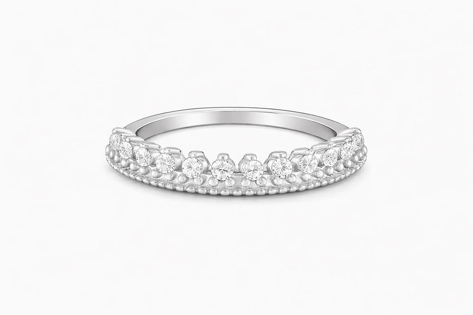 925 Silver Crown Ring, Cubic Zirconia Princess Band, Dainty Fairytale Stacking Ring