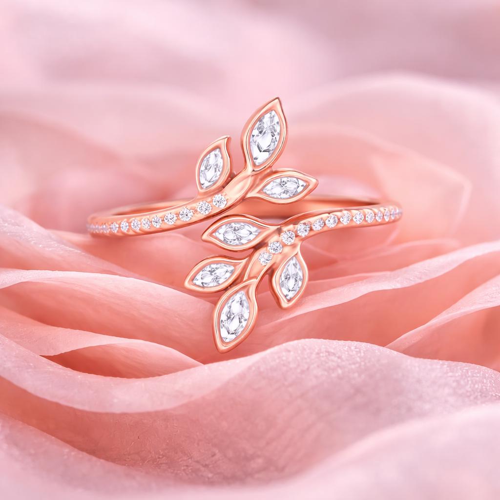 Rose Gold Leaf Branch Ring, Sterling Silver CZ, Nature Inspired Adjustable Dainty Jewelry