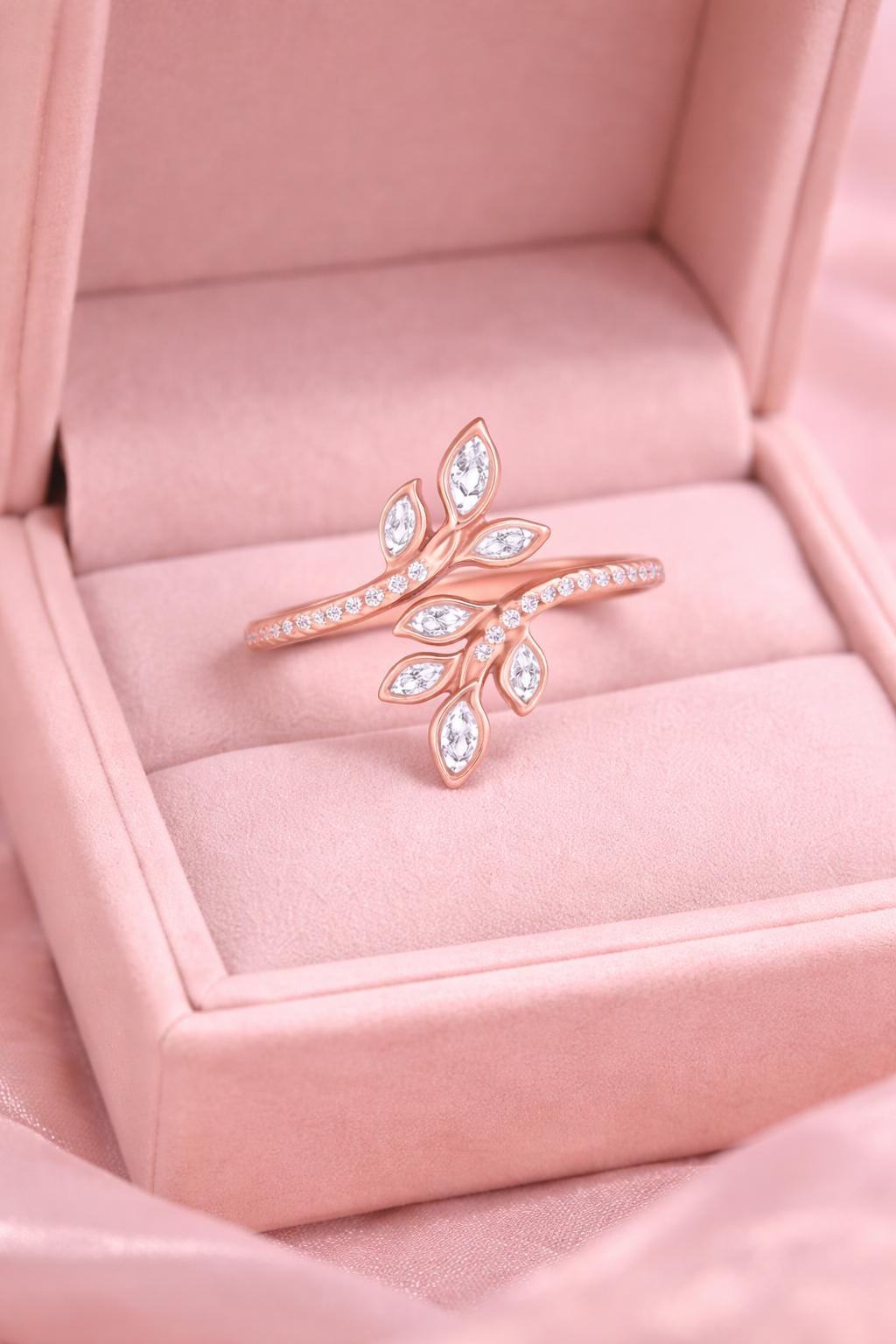 Rose Gold Leaf Branch Ring, Sterling Silver CZ, Nature Inspired Adjustable Dainty Jewelry