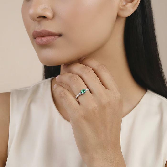 Emerald Green Oval Zircon Ring, 925 Sterling Silver, Pavé Band, Minimalist Engagement Promise Ring
