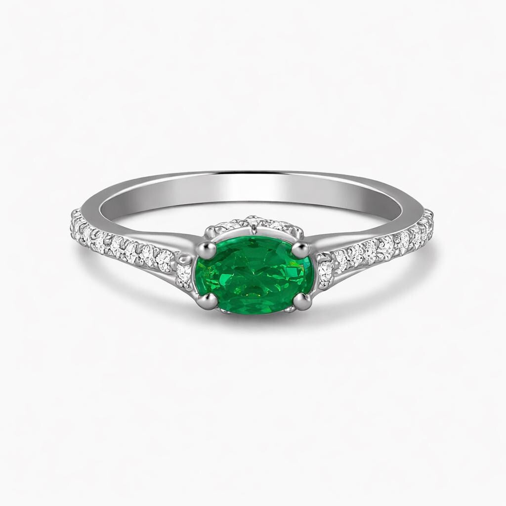 Emerald Green Oval Zircon Ring, 925 Sterling Silver, Pavé Band, Minimalist Engagement Promise Ring