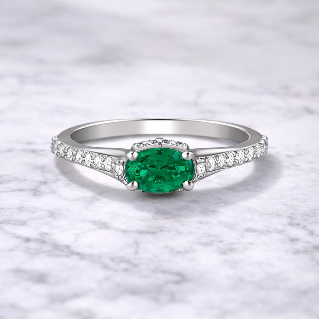 Emerald Green Oval Zircon Ring, 925 Sterling Silver, Pavé Band, Minimalist Engagement Promise Ring