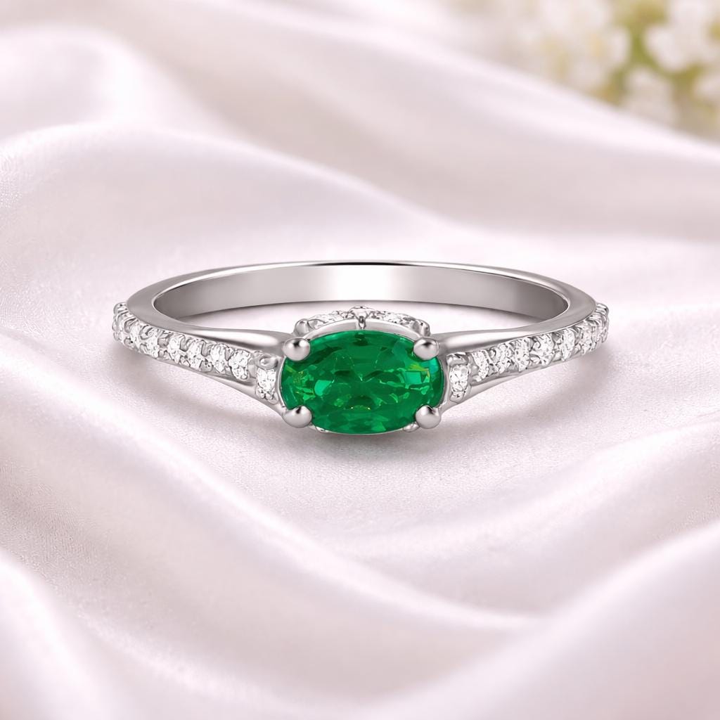 Emerald Green Oval Zircon Ring, 925 Sterling Silver, Pavé Band, Minimalist Engagement Promise Ring