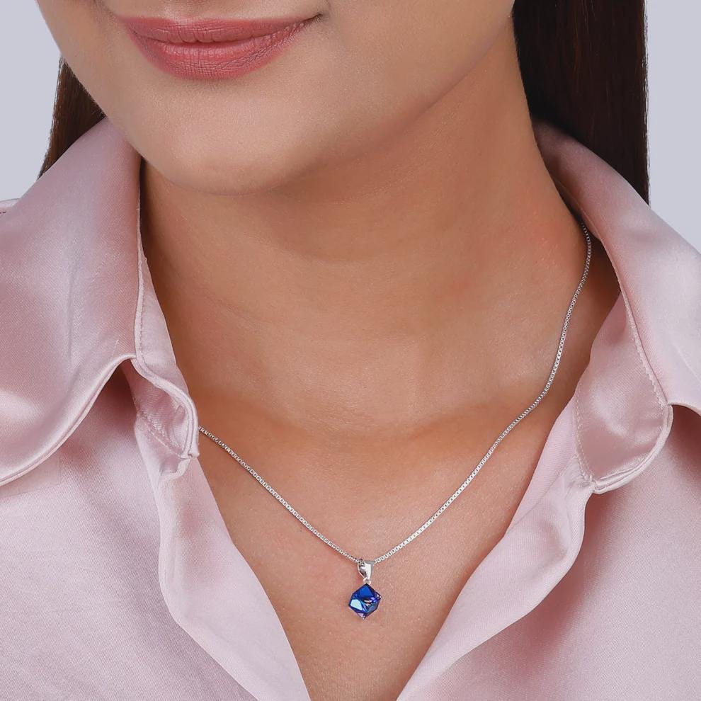 925 Sterling Silver Rhombus Prism Pendant Necklace, Blue Geometric Charm, Minimalist Jewelry