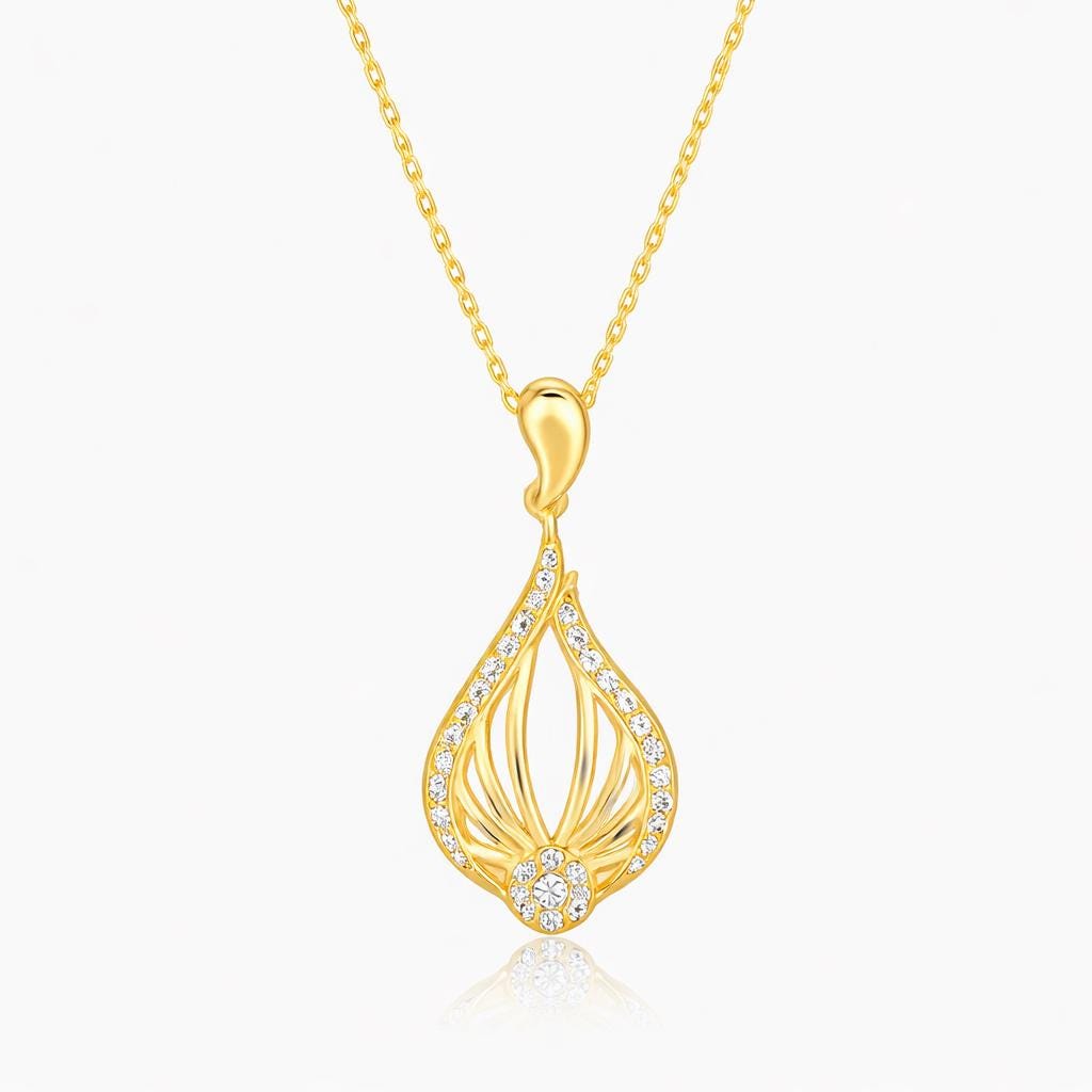 Gold Plated Teardrop Pendant Necklace with Zircons, 925 Sterling Silver Link Chain