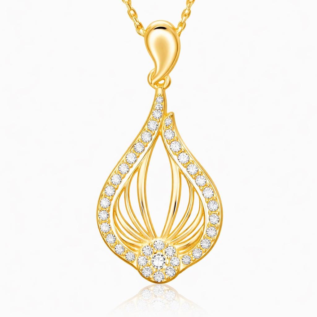 Gold Plated Teardrop Pendant Necklace with Zircons, 925 Sterling Silver Link Chain