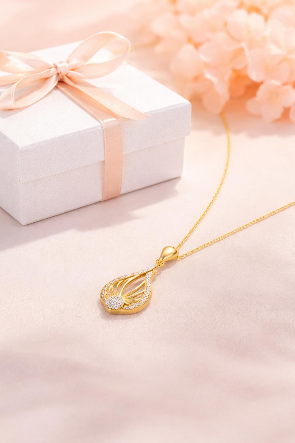 Gold Plated Teardrop Pendant Necklace with Zircons, 925 Sterling Silver Link Chain