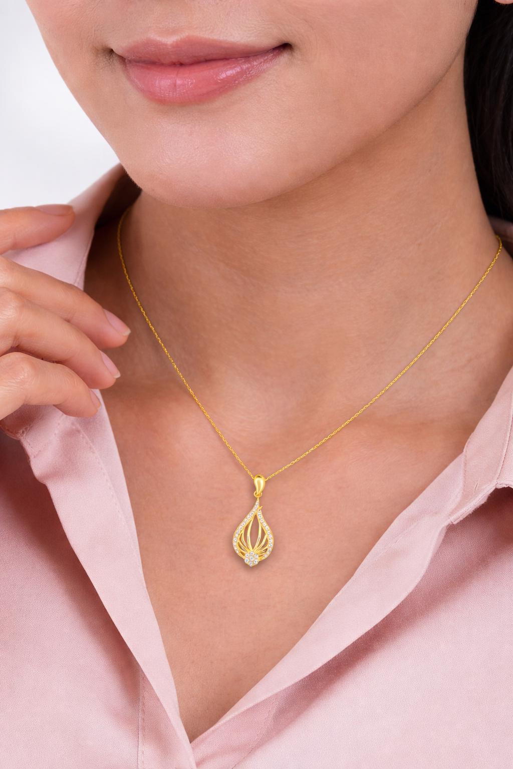 Gold Plated Teardrop Pendant Necklace with Zircons, 925 Sterling Silver Link Chain