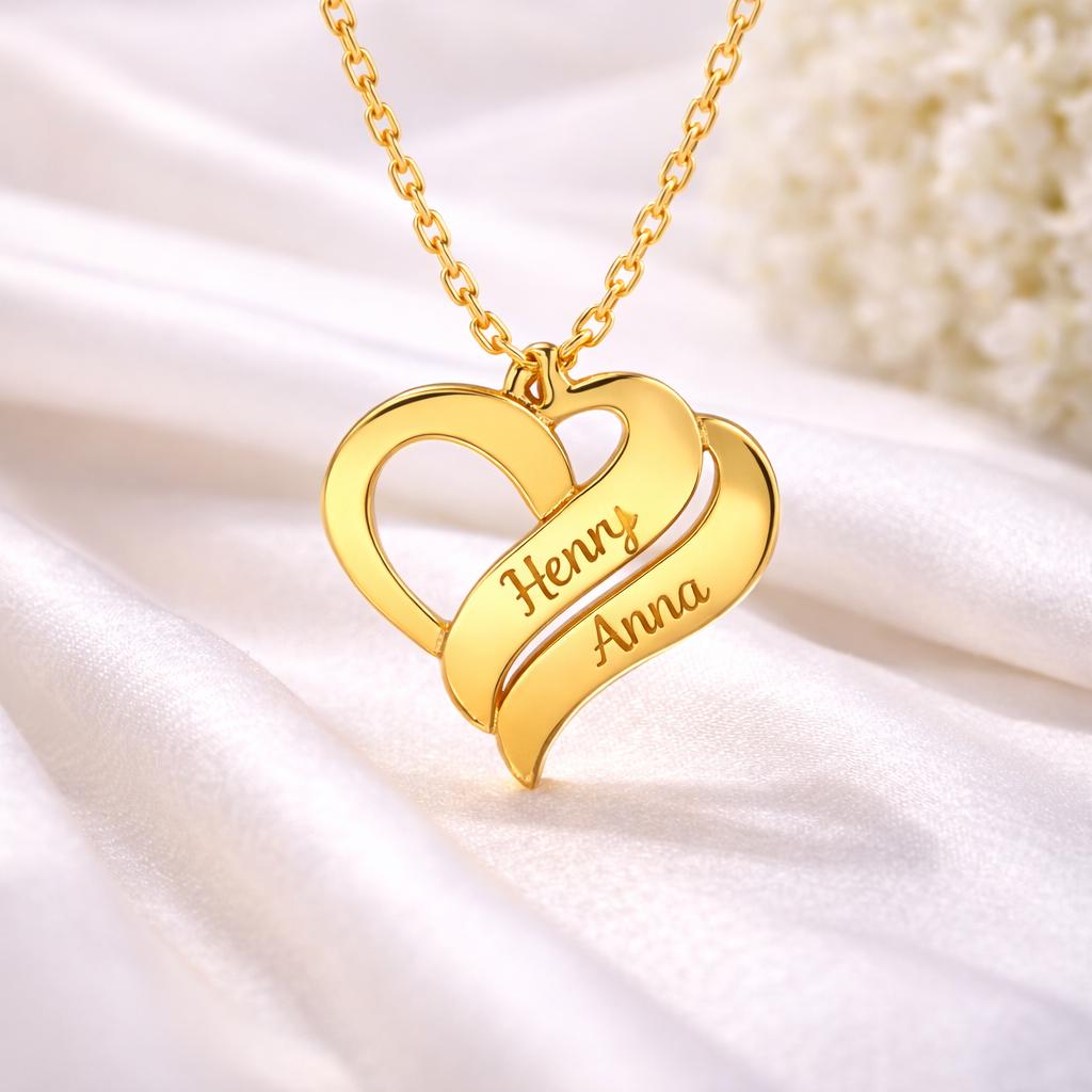 Personalized Duo Heart Necklace, Gold Plated Sterling Silver, Custom Name Pendant, Dainty Chain