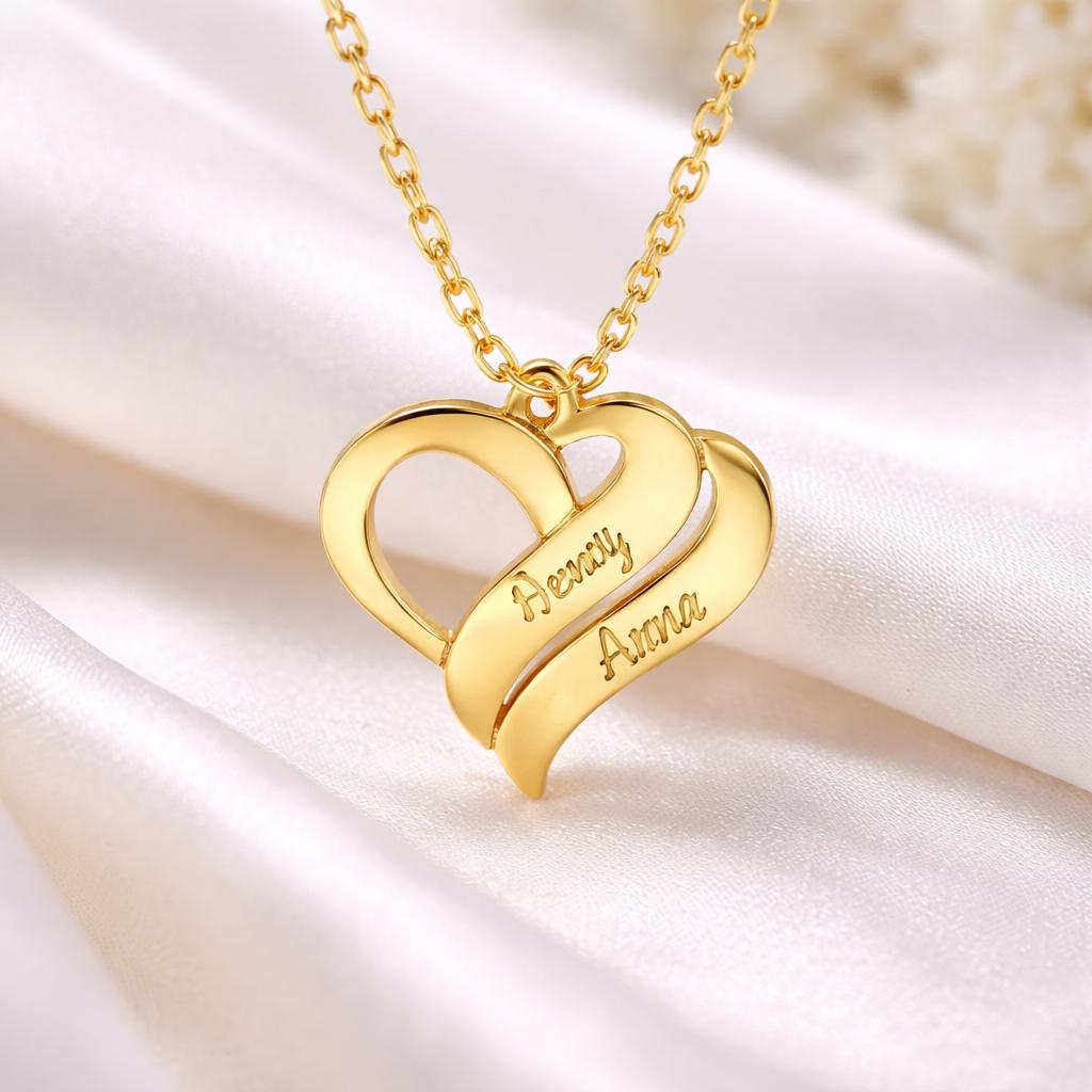 Personalized Duo Heart Necklace, Gold Plated Sterling Silver, Custom Name Pendant, Dainty Chain
