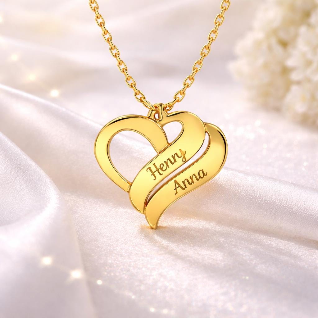 Personalized Duo Heart Necklace, Gold Plated Sterling Silver, Custom Name Pendant, Dainty Chain
