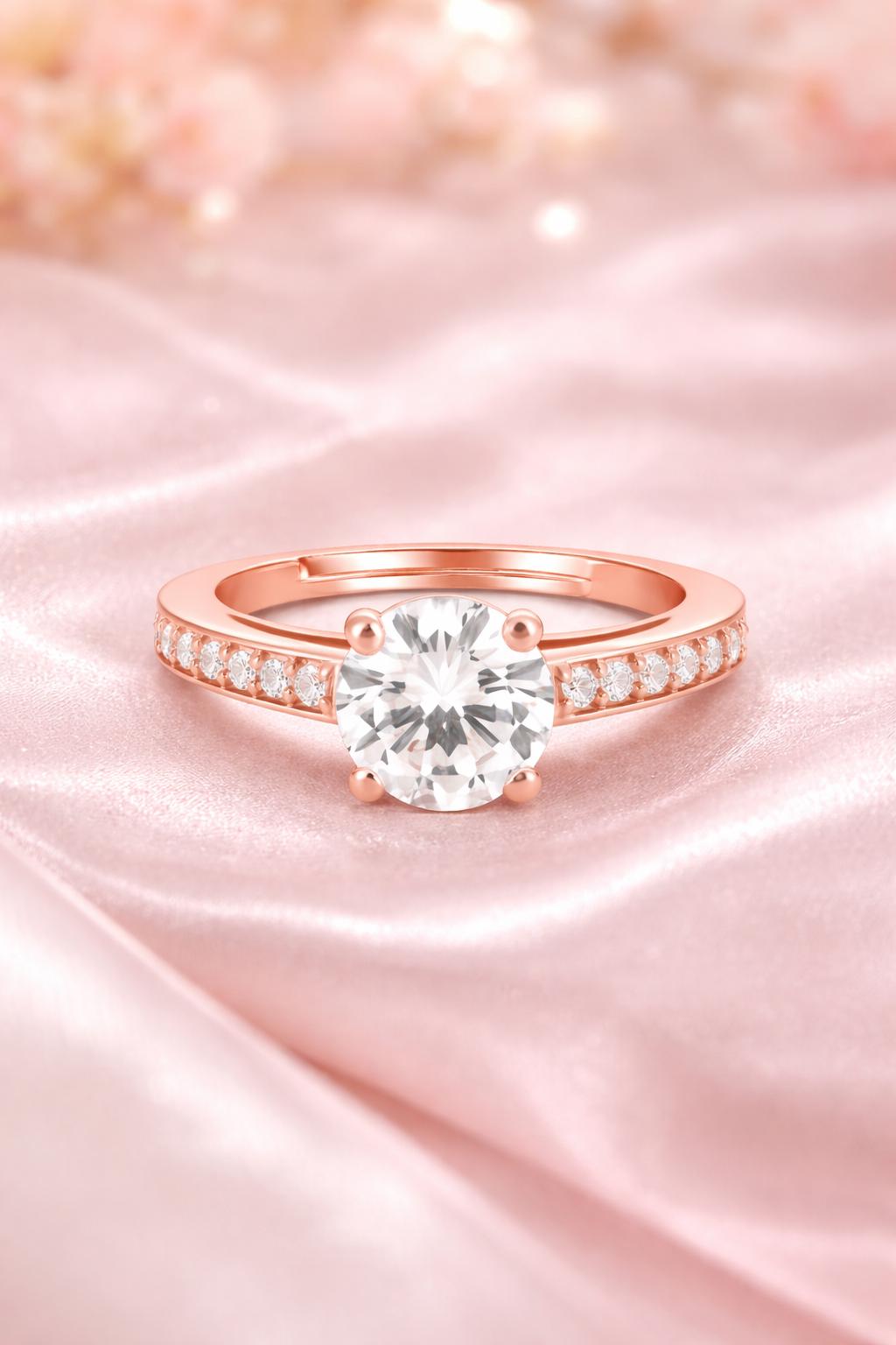 Rose Gold Sterling Silver Zircon Ring, Adjustable Band, Minimalist Promise Ring